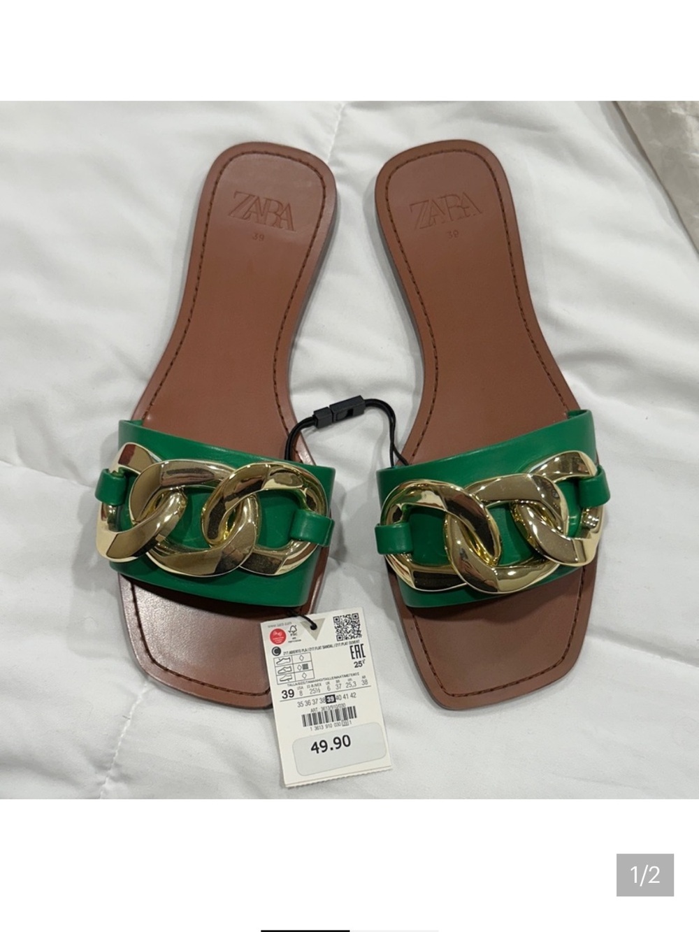 ISO SIZE 35 Zara Emerald Slide Sandals with Gold Chain Accent